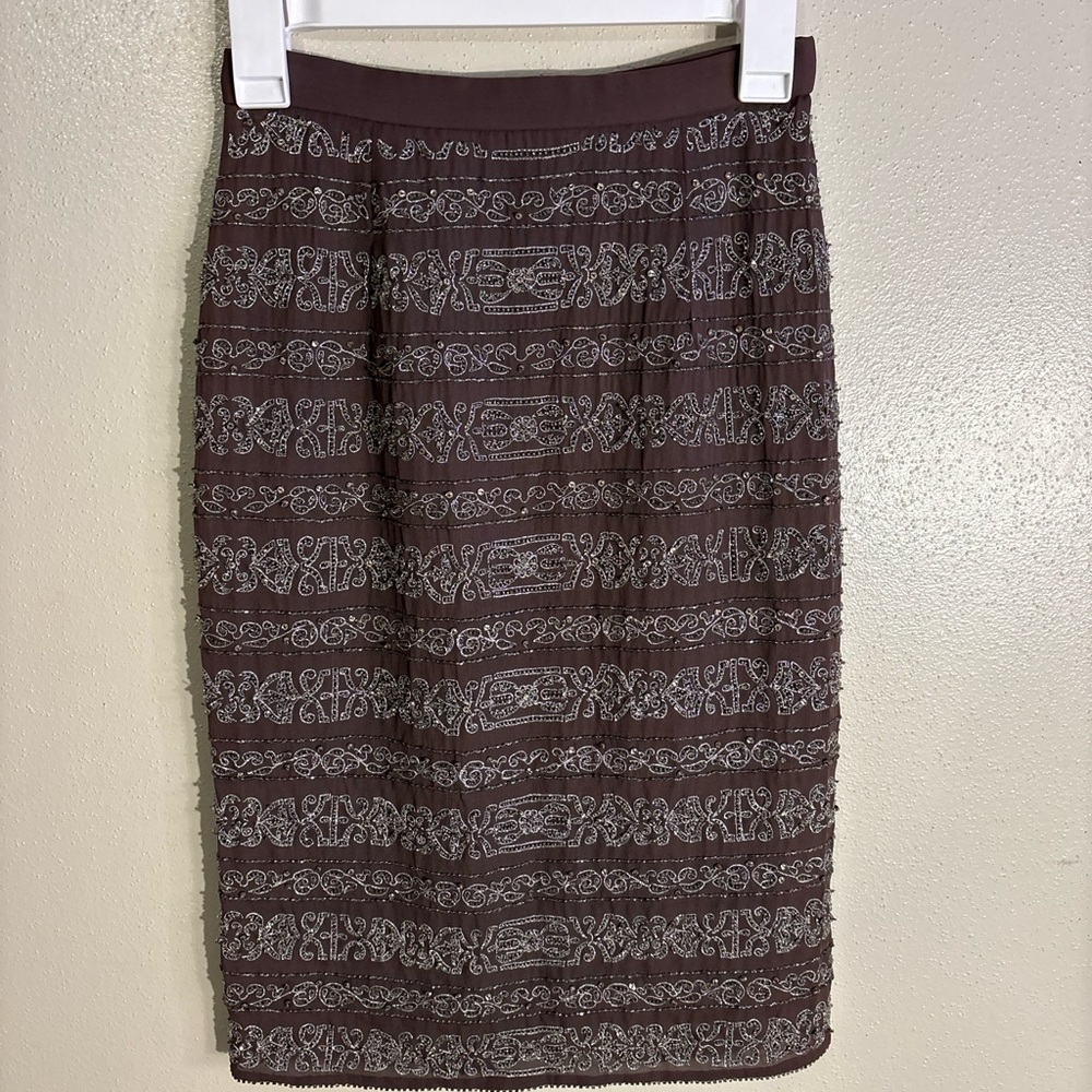 Badgley Mischka Brown Tan Ruched Pencil Skirt